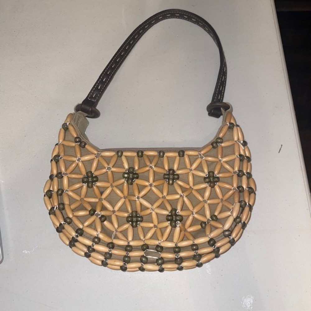 Vintage Nine West Tan and Brown Boho Wood Beaded Shoudler Bag Beach Y2K